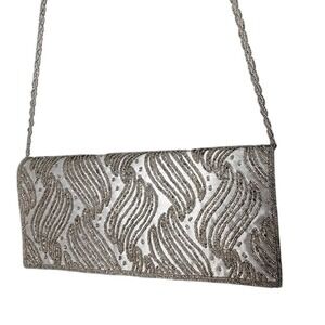 Nina Silver Beaded Evening Clutch Purse Bag Chain Strap Formal Wedding Prom